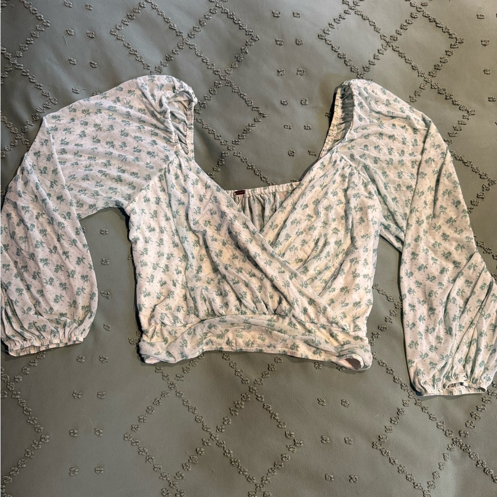 Free People Floral Wrap Blouse - White and Green
